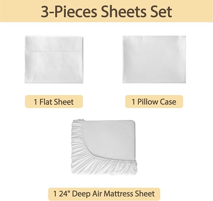 Air Mattress Sheet Set Twin Size,3 Piece Deep Pocket Bed Sheet Set for 16-24 Inch Air Bed,Easy Inflate Access,Perfect for Guest Room, RV, Camping,White