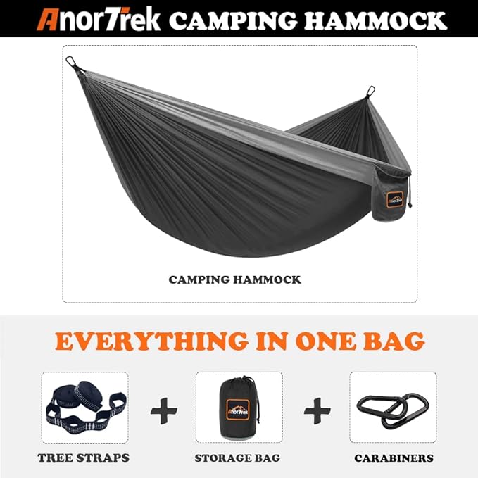 AnorTrek Camping Hammock, Super Lightweight Portable Parachute Hammock with Two Tree Straps Single or Double Nylon Travel Tree Hammocks for Camping Backpacking Hiking