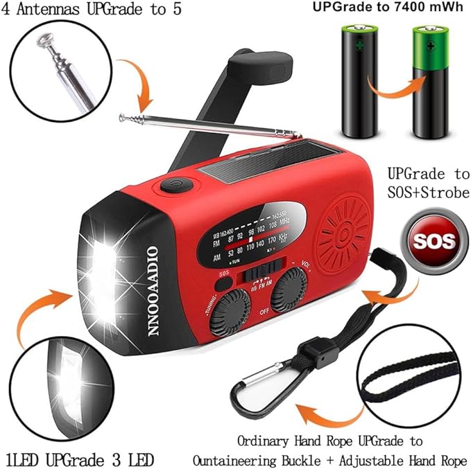 2000mAh SOS Alarm Emergency AM FM Weather Radio, 3LED Type-C Hand Crank Solar Battery Operated Portable Wind Up Radio Flashlight, Cell Phone Charger Survival Kit (Red)