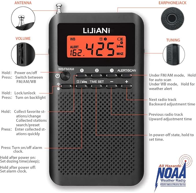 NOAA Weather AM FM Portable Radio Operated by 2 AA Batteries with Stereo Earphone,Digital Alarm Clock Sleep Timer,Best Reception,Built in Speaker Best Sound Quality,Luminous Button Design(Black)