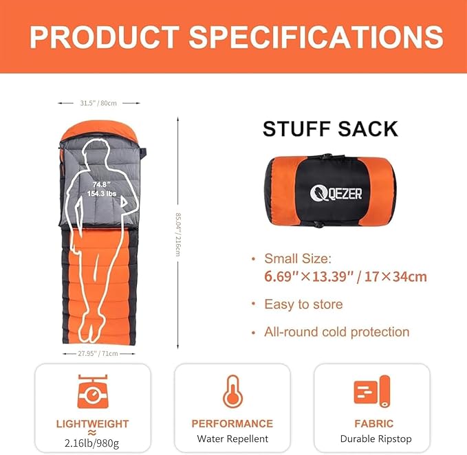 Down Sleeping Bag for Adults 600 Fill Power, Cold Weather Compact Ultralight All Seasons Sleeping Bag for Backpacking, Camping, Hiking