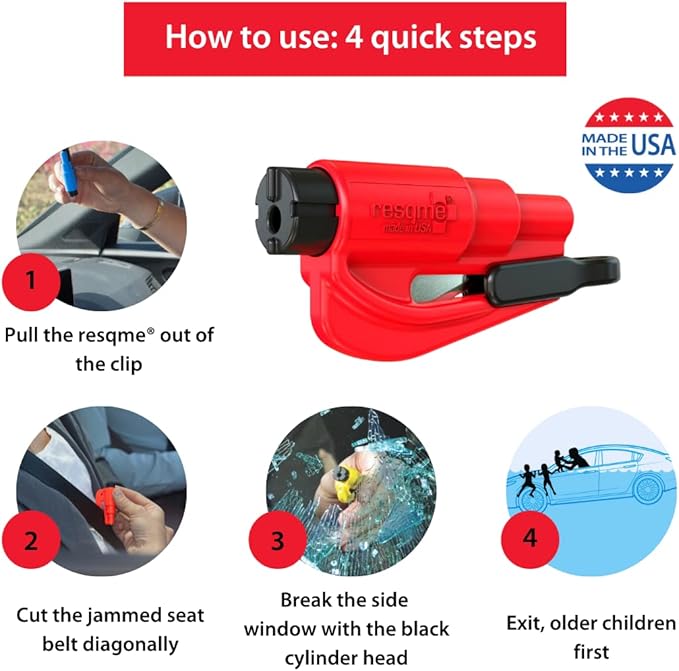 resqme,The Original Emergency Keychain Car Escape Tool, 2-in-1 Seatbelt Cutter and Window Breaker, Made in USA, Red - Compact safety hammer