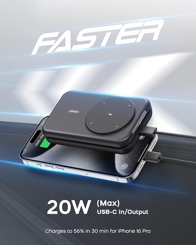RORRY Portable Charger, 3-in-1 Charging Station 10000mAh Portable Charger Power Bank for MagSafe Foldable Battery Pack Travel for iPhone 17/16/15, for Apple Watch 10/9/8/Ultra/2, Dark Black