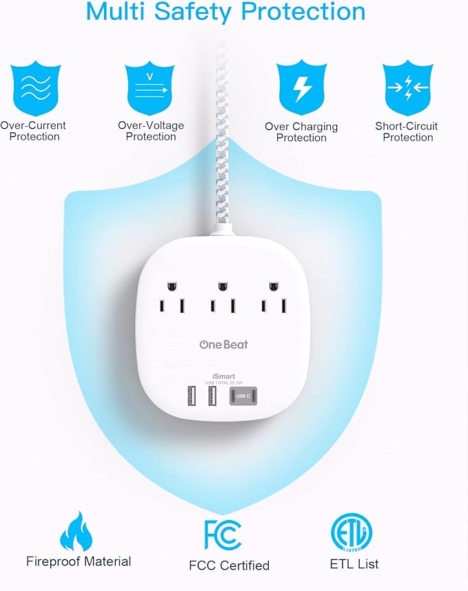 15ft Flat Plug Power Strip, Ultra Flat Extension Cord - 3 Outlets 4 USB Ports (2 USB C) 22.5W/4.5A Desktop Charging Station, Power Strip No Surge Protection for Cruise Ship Dorm Room Travel Essentials