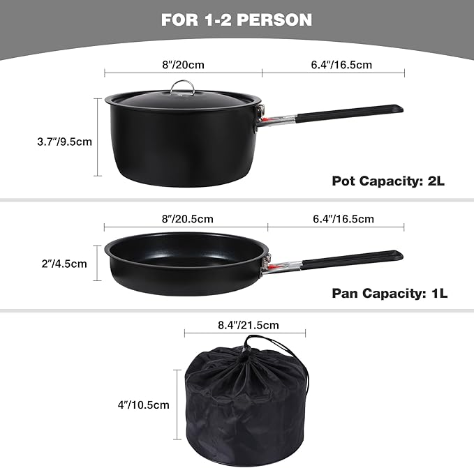 REDCAMP Camping Cookware Mess Kit with Folding Handle, Lightweight Non-Stick Camping Cooking Pot and Frying Pan with Mesh Bag for Outdoor Hiking Backpacking Picnic