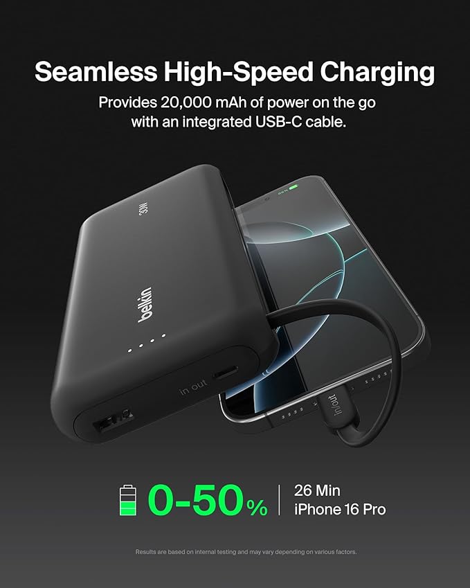 Belkin Power Bank with Integrated Cable, Fast Charging USB-C, 20000 mAh 30W, Portable Charger Power Bank USB C for iPhone 17, Air, Pro, Pro Max, iPad, AirPods, Apple Watch, Galaxy S25, & More - Black
