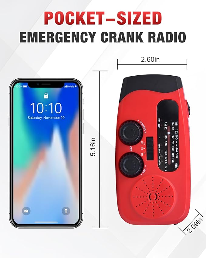 Emgykit 086S Hand Crank Emergency Radio - 2000mAh/7400mWh AM/FM/NOAA Solar Hand Crank Emergency Radio with 3 LED Flashlight, SOS Function for Emergencies, Camping - Red
