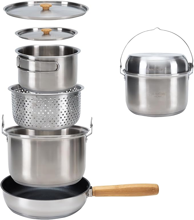 KingCamp Camping Cookware Set 304 Stainless Steel Campfire Cooking Pots Pan and Kettle with Travel Tote Bag for Camping Outdoor Kitchen Cooking Picnic for 4-6