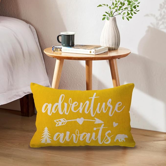 Adventure Camper Decorative Lumbar Pillowcase Double-sided Let’s Go Camping/Adventure Awaits Throw Pillow Covers Cabin/Camper Cushion Covers 12x20,2Pack for Sofa/Couch/Porch (Yellow)