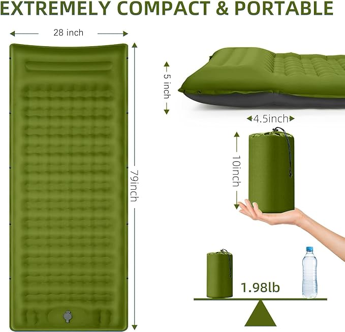 FNARMW Camping Sleeping Pad, Extra Thick 5 Inch Camping Mat with Pillow Built-in Foot Pump Inflatable Sleeping Pads Compact for Camping Backpacking Hiking Traveling Tent（Military Yellow）