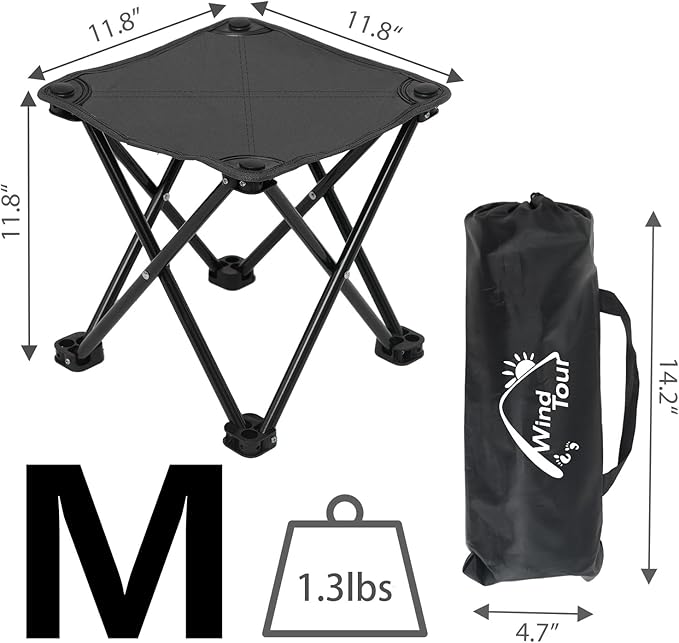 Wind Tour Portable Folding Camping Stool Outdoor Camping Lightweight Samll Chair for Fishing Hiking Gardening and Beach with Carry Bag (Medium Black -1)