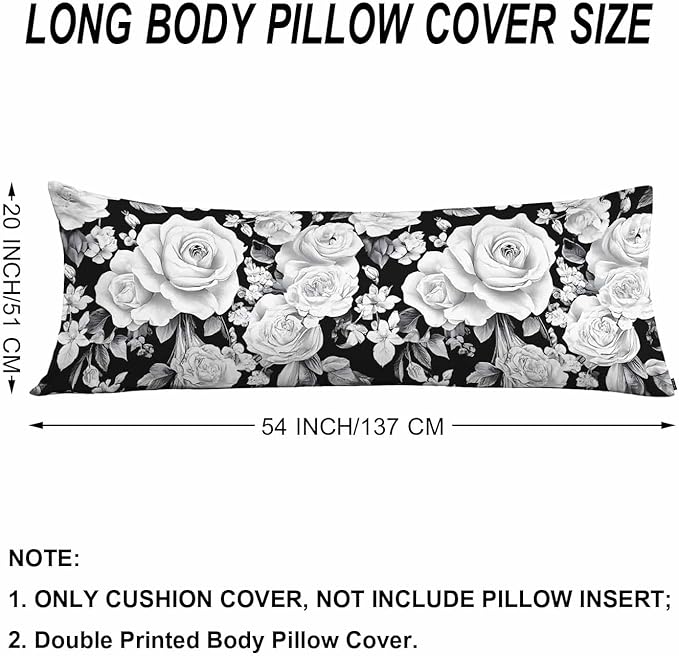 Rose Body Pillow Pillowcase Farmhouse Body Pillow Cushion Covers Floral Peony Roses Black White, 20x54 Inch Bedding Pillow Protectors Large Pillow Cases for Home Couch Sofa