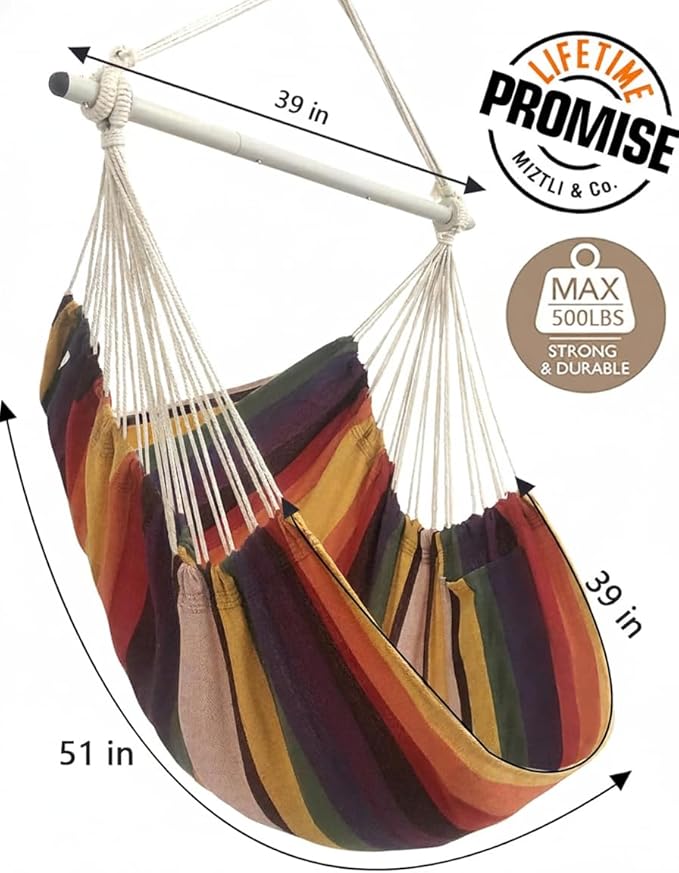 MIZTLI Hammock Chair Hanging Chair Swing Chair Hanging Chair for Bedroom Indoor Outdoor- Max 500 Lbs－Steel Spreader Bar with Anti-Slip Rings, 2 Cushions