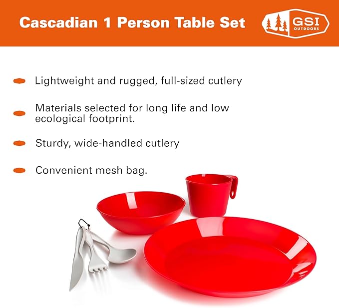 GSI Outdoors Cascadian 1 Person Table Set I 6-Piece Camping, Backpacking Mess Kit, Plastic BPA Free, Plate, Bowl, Mug, Cup & Cutlery Set
