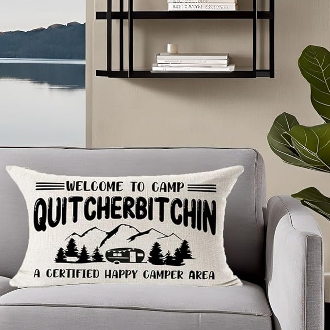Welcome to Camp Inspirational Quote Quitcherbitchin Moutain Car Decorative Throw Pillow Cover Cushion Case Cotton Linen Lumbar for Outdoor Sofa Couch Bed 12X20 inches (White)