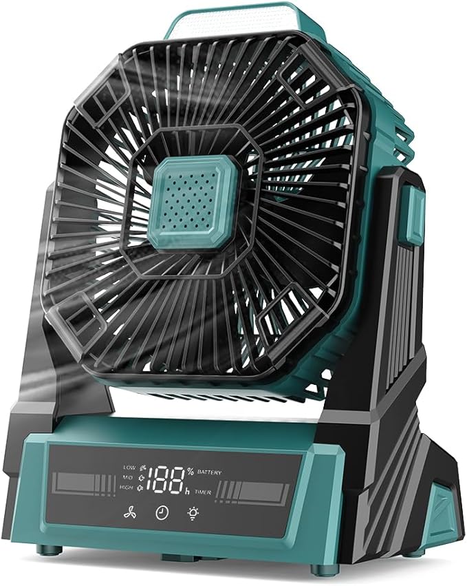 KopBeau Portable Camping Fan with Lights, 20000mAh Rechargeable Battery Operated Fan, Battery Powered Outdoor Beach Tent with 3 Speeds & Hook, Personal USB Table for Camping Accessories Blue