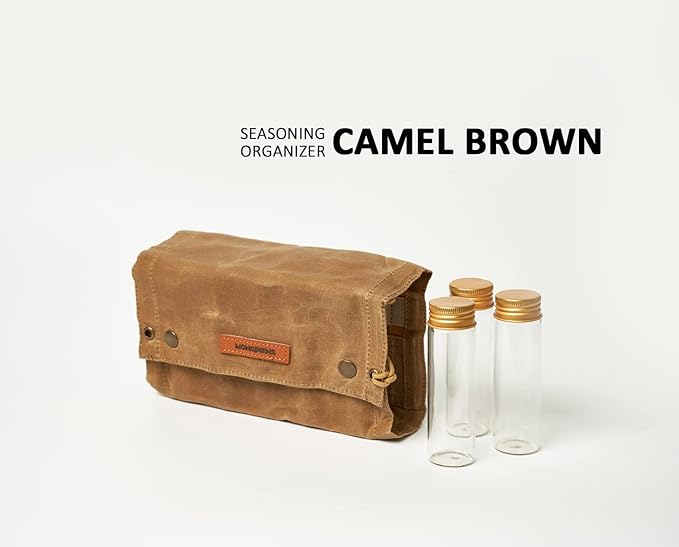 Camping Spice kit with 9 spice Jar,rope,Spice Labels Sticker,Silicone Collapsible Funnel, Canvas Travel Seasoning container, portable spice bag for travel (CAMEL BROWN)
