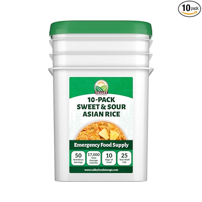 Valley Food Storage Sweet & Sour Asian Rice | 10-Bag Bucket, 50 Servings | Gluten Free Premium Emergency Food Supply, 25 Year Shelf Life | Survival Meal Kits, Prepper Food & Off-Grid Living Supplies