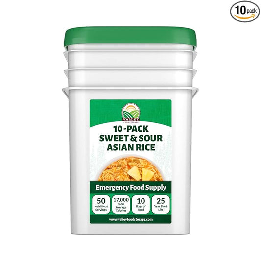Valley Food Storage Sweet & Sour Asian Rice | 10-Bag Bucket, 50 Servings | Gluten Free Premium Emergency Food Supply, 25 Year Shelf Life | Survival Meal Kits, Prepper Food & Off-Grid Living Supplies