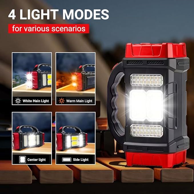 NAKCNM Solar Rechargeable High Lumen Flashlight & LED Lantern - 4 Mode Waterproof Flashlight with USB-C Input/Output for Camping, Hiking, Emergencies and Outdoor Work