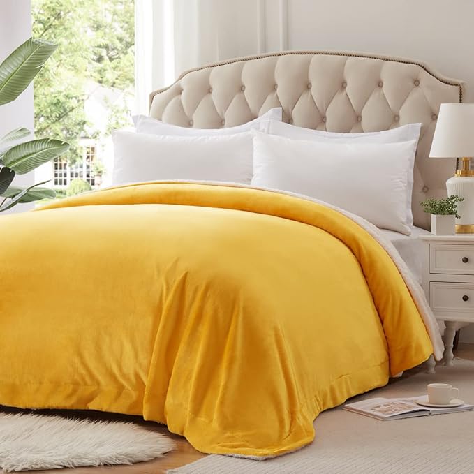 KAWAHOME Sherpa Fleece Blanket for Bed - Extra Warm and Heavy Thick Blankets for Winter, Super Soft 500GSM Plush Blanket, King Size 108" X 90" Yellow