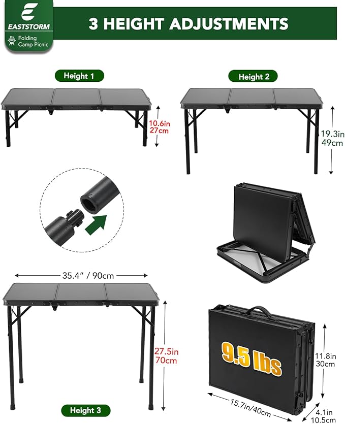 E EASTSTORM 3ft Folding Camping Table, Folding Table with 3 Adjustable Height, Portable Table with Handle, for Outdoor, Backyard, BBQ, Picnic, Cooking, RV, fits 2–4 People, Black