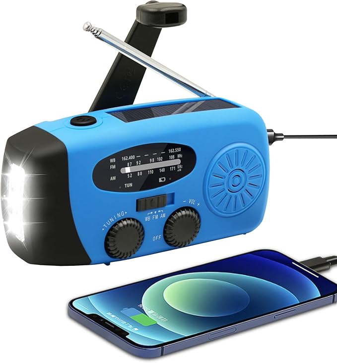 WVL Hand Crank Weather Radio, NOAA Emergency Radio Portable AM/FM Solar Powered 7400mWh with Flashlight, SOS Siren & Phone Charger for Camping & Survival(Blue)
