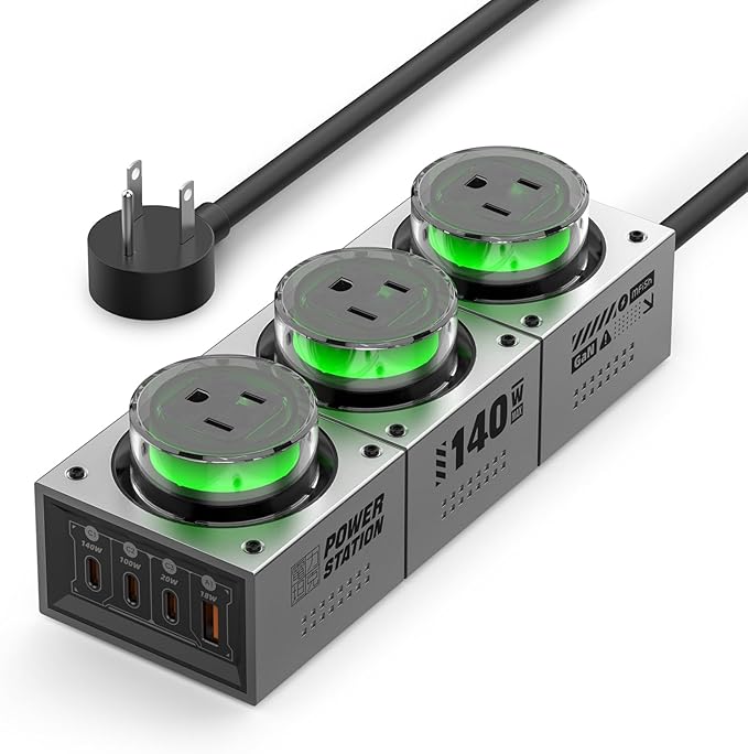 Mfish E-Tank 140W GaN Desktop Charging Station, 7-in-1 Charging Hub with 3 AC Outlets & 4 USB-C Ports (Up to 140W PD 3.1), RGB Desk Power Hub for Gaming Setup, Creator Workstation & Home Office
