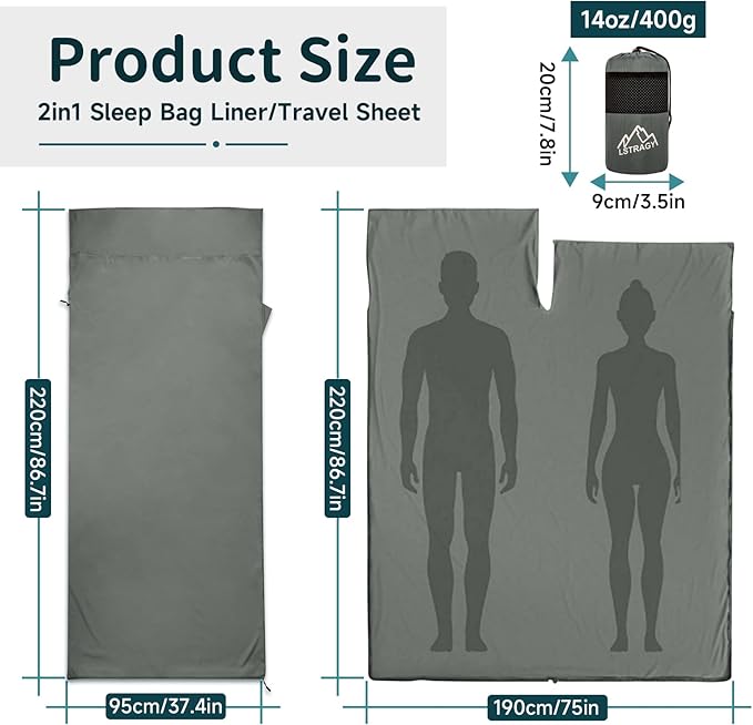 Sleeping Bag Liner,14oz Ultralight Sefl Tan Sleep Sack with 2 Way Zipper, Expose Feet Separately, Adult Sleep Sack & Travel Sheets for Camping, Hiking, Traveling Backpacking,Hotel