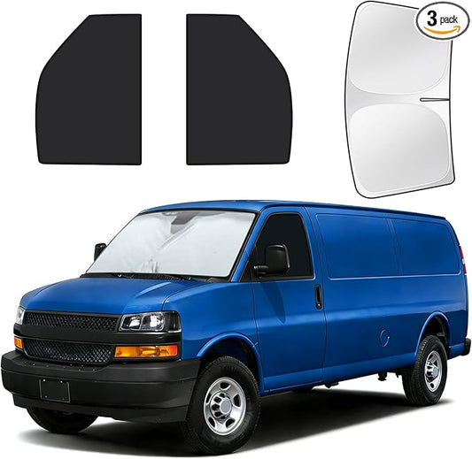 for Chevy Express 1996-2026 Cargo Van Windshield & Side Window Sun Shade Accessories, Privacy Window Covers for UV Blocker ＆ Heat Protector, 3Pcs Window Shades for Napping Camping