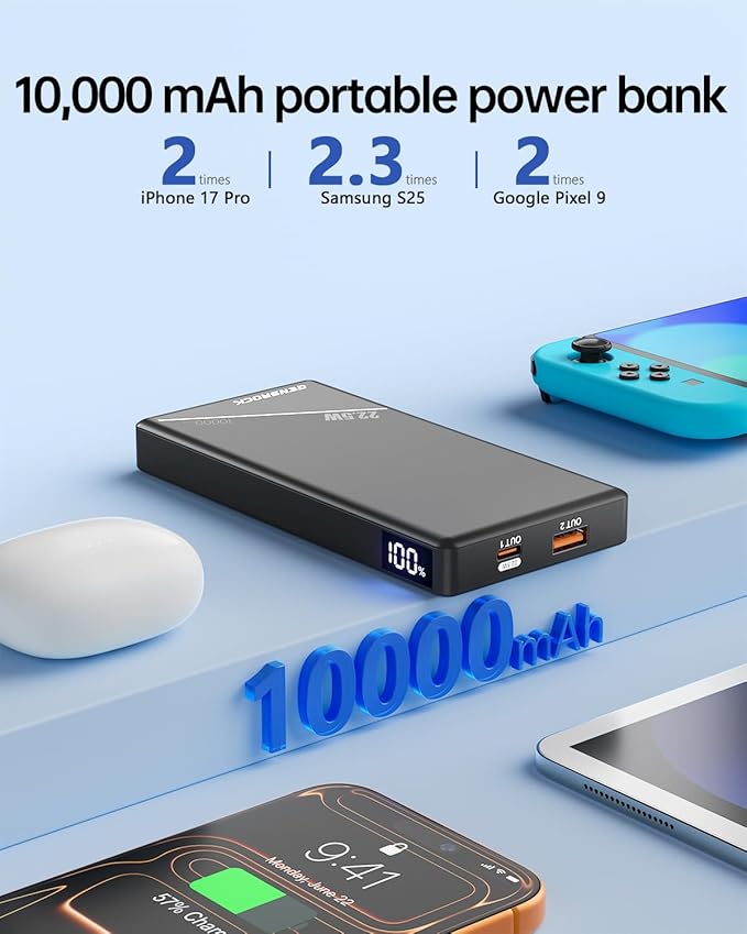 GENSROCK 2 Pack Portable Charger Power Bank 10000mAh, PD 22.5W Fast Charging Power Bank,LED Display Battery Pack for iPhone17/16/15/14/13 Series, Samsung, Google, Pixel, LG, iPad