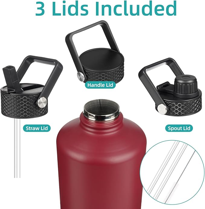 Konokyo Gallon Insulated Water Bottle with Straw,128 oz 3 Lids Water Jug with Carrying Bag,Paracord Handle, Double Wall Vacuum Stainless Steel Metal Flask,Dark Red