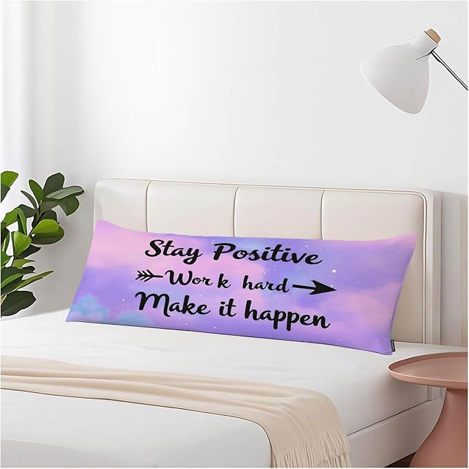 Inspirational Quote Body Pillow Covers Stay Positive Work Hard Make It Happen Lumbar Body Pillow Case 20"X54" Body Pillowcase Cushion Cover for Home Bedroom Office Hotel, Purple Galaxy