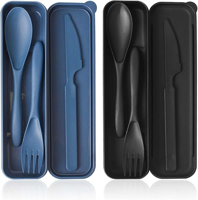 2 Sets Reusable Utensil Set with Case, Portable Plastic Spoons Fork Knife Camping Utensils for Lunch Box Accessories for Kids Adults Travel Picnic Camping Daily Use(Blue, Black)