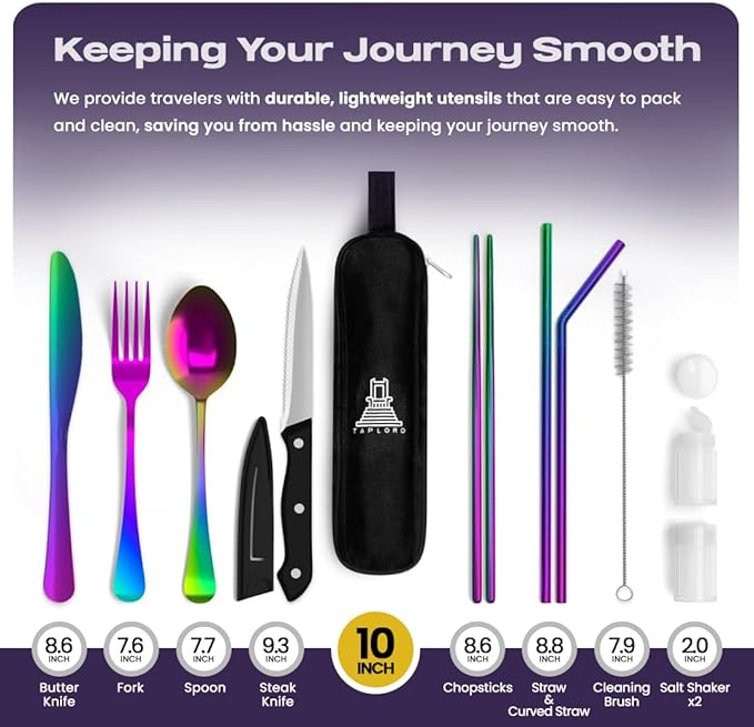 Taplord Portable Travel Silverware Set With Case, Includes 10 Pcs of Travel Utensils With Case, Stainless Steel Flatware Set For Camping, Lightweight (Multi-Color)