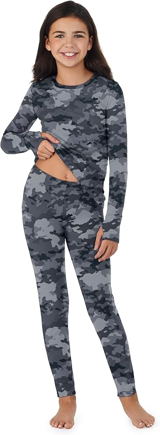 Cuddl Duds Girls Heavyweight Cold Weather Fleece Lined Thermal Set – Long Sleeve Shirt & Leggings – Long Johns for Kids