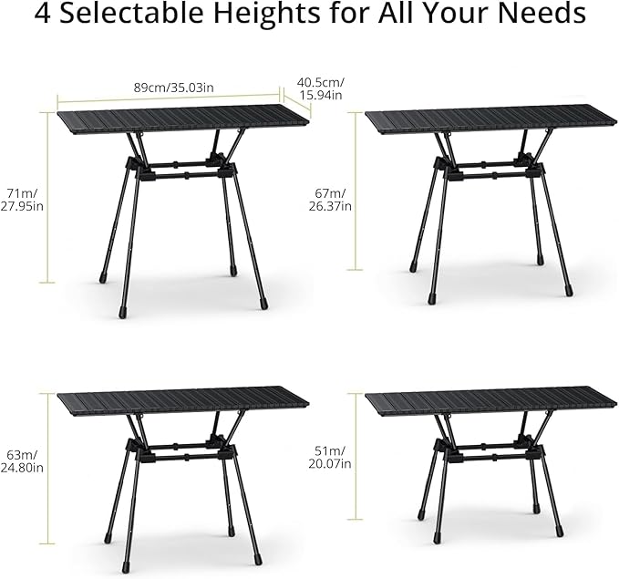 Anbte 3ft Roll Up Camping Table Max 27.5", 4 Adjustable Heights Aluminum Camping Table Foldable Waterproof with Carrying Bag, Lightweight, for Garden Picnic Outdoor Travel Beach, 35” X 16”, Black