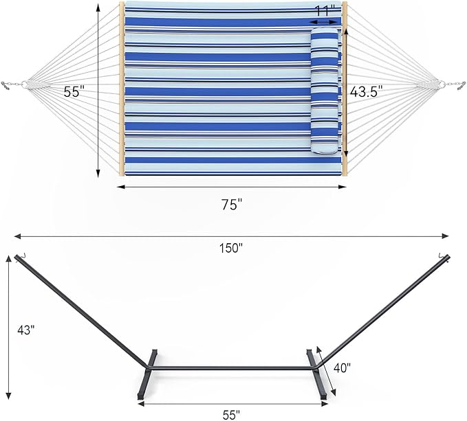 Everyfun 2 Person Outdoor Hammock with Stand, Cotton Rope Hammock with Polyester Pad, Adjustable Steel Frame, Portable with Carrying Bag – for Patio, Backyard, Garden, Beach, Blue Stripe