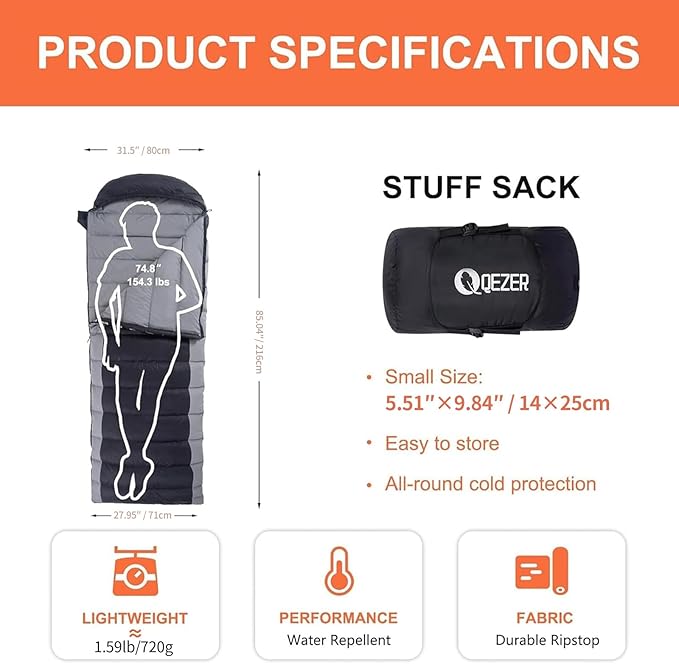 Down Sleeping Bag for Adults 600 Fill Power, Cold Weather Compact Ultralight All Seasons Sleeping Bag for Backpacking, Camping, Hiking
