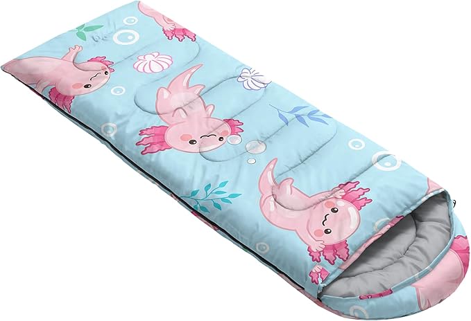 QOOMO Axolotl Cute Camping Sleeping Bags,3 Season Warm & Cool Weather,Lightweight,Waterproof Sleeping Bags for Adults & Kids,Traveling,and Outdoors