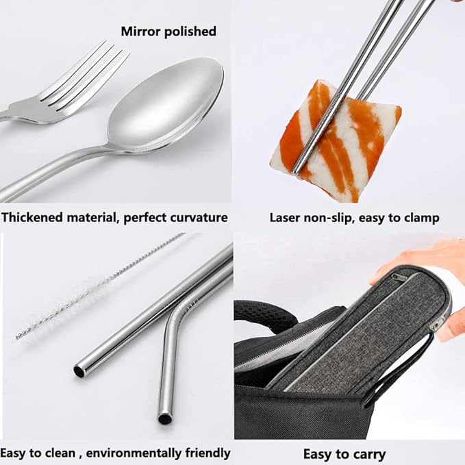 Portable Reusable Travel Utensils Silverware With Case, Camping Cutlery Set, Chopsticks and Straw, Flatware With Case, Stainless Steel Top (Silver)