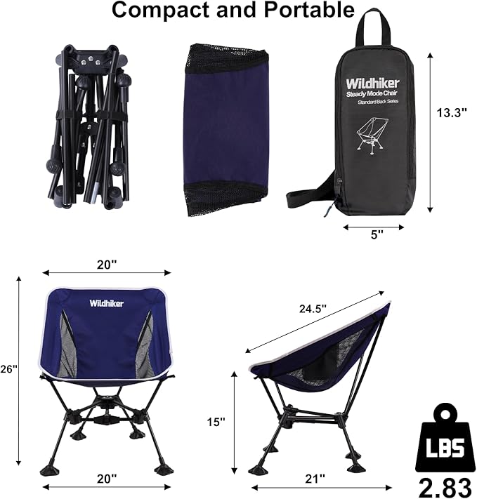 Wildhiker Ultralight Backpacking Chair – Compact Camping Chairs for Adults with Pouch, Weighs 2.8 lbs with Anti-Sinking Large Feet for Beach, Hiking, Motorcycle, Travel, Festival – Indigo Blue