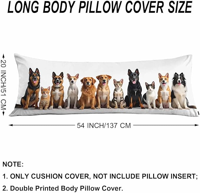Body Pillow Covers Cats and Dogs Body Pillowcase 20"X54", Kitten Puppy Cute Pillow Cases for Home Bedroom, Outdoor Pillows Body Cushion Cover for Men Women