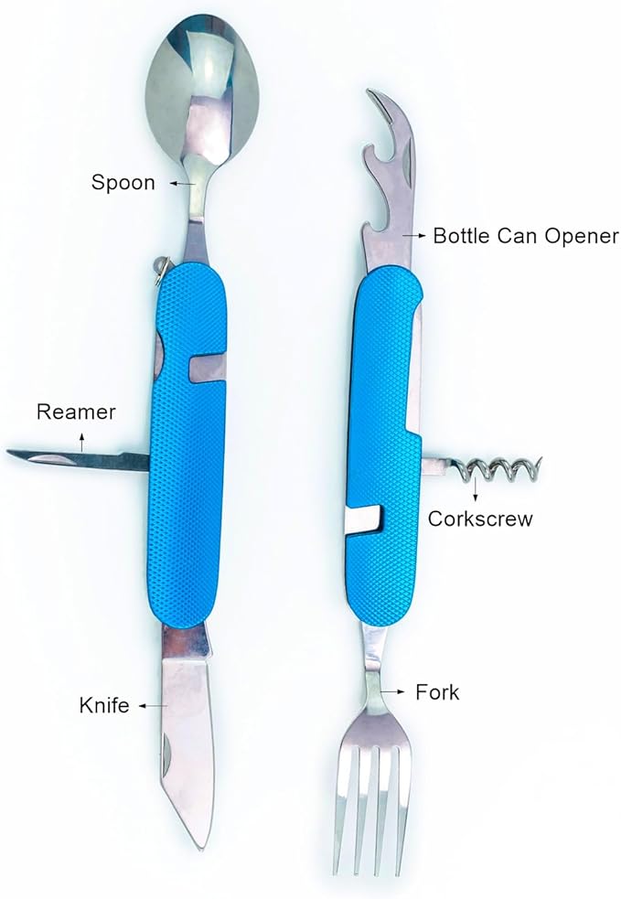 6-in-1 Multi-Function Camping Flatware Utensil Folding Knife Cutlery Detachable Pocket Kits with Carrying Pouch (Gold + Blue)