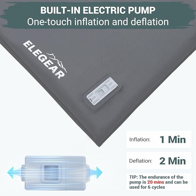 Elegear CumbreX™ Self Inflating Sleeping Pad, Built-in Electric Pump 3.15" Ultra-Thick Memory Foam Camping Mattress with Pillow Foam Sleeping Pad for Camping R-Value 9.5 Foam Camping Pad for Travel