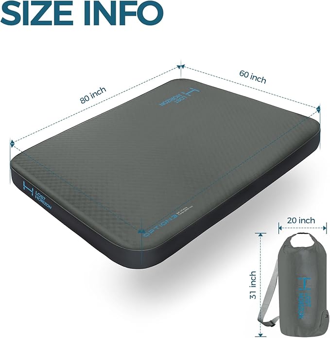 LOSTHORIZON Air & Foam Camping Mattress, Self-Inflating Sleeping Pad, 4.5" Thick, with Air Pump, Queen, Gray