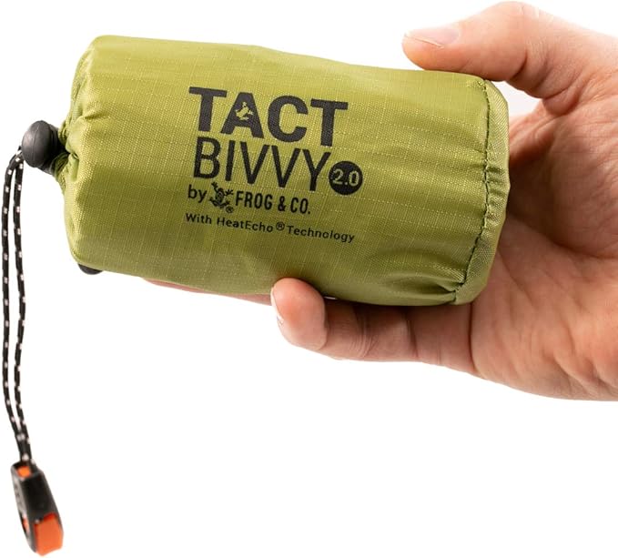 Survival Frog Tact Bivvy 2.0 Emergency Sleeping Bag with Stuff Sack, Carabiner & Survival Whistle – Compact, Lightweight, Waterproof, Reusable Thermal Bivy Sack Shelter Kit