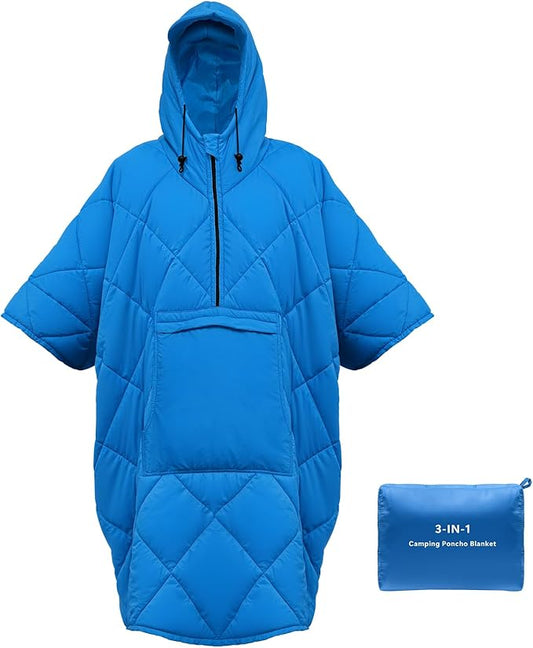 Camping Outdoor Blanket, Ultralight Down Alternative Printed Travel Camp Blankets for Sleeping Packable Waterproof Puffy Quilt for Hammock Picnic Stadium Beach Cold Weather (Blue Blanket Poncho)