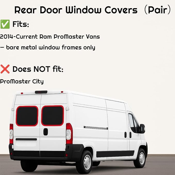 Magnetic Rear Door Window Covers (Pair) for 2014–2026 RAM ProMaster Vans, Enhanced Heat Blocking Insulation, Blackout Privacy Sun Shades – Dark Gray