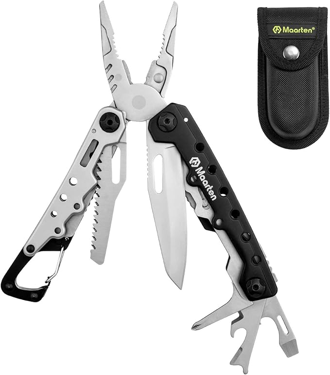 Maarten Lightweight Multitool Pliers, 11 in 1 Suspension Multi-Plier with Carabiner, Stainless Steel Portable Pocket Keychain Multi tool with Spring Pliers, Folding Saw, Bottle Opener and Sheath